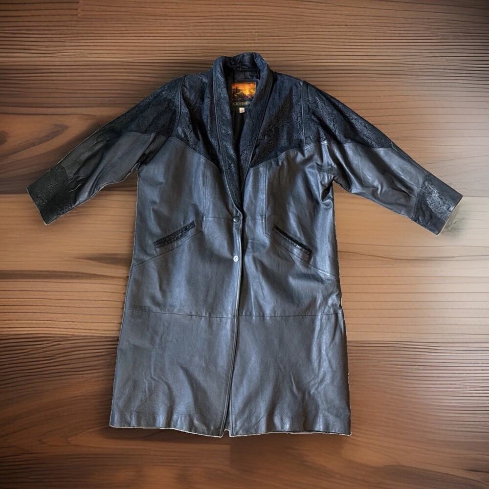 Vintage 90s OutBrook Leather Suede Duster Coat Paisley Western Gothic Trench